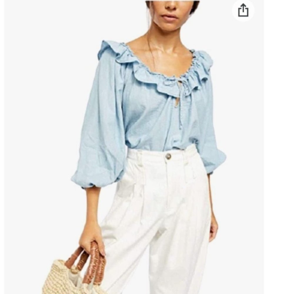 Free People Women's Top Medium Knit Chambray Tie Neck Blue Size XS - Picture 1 of 9